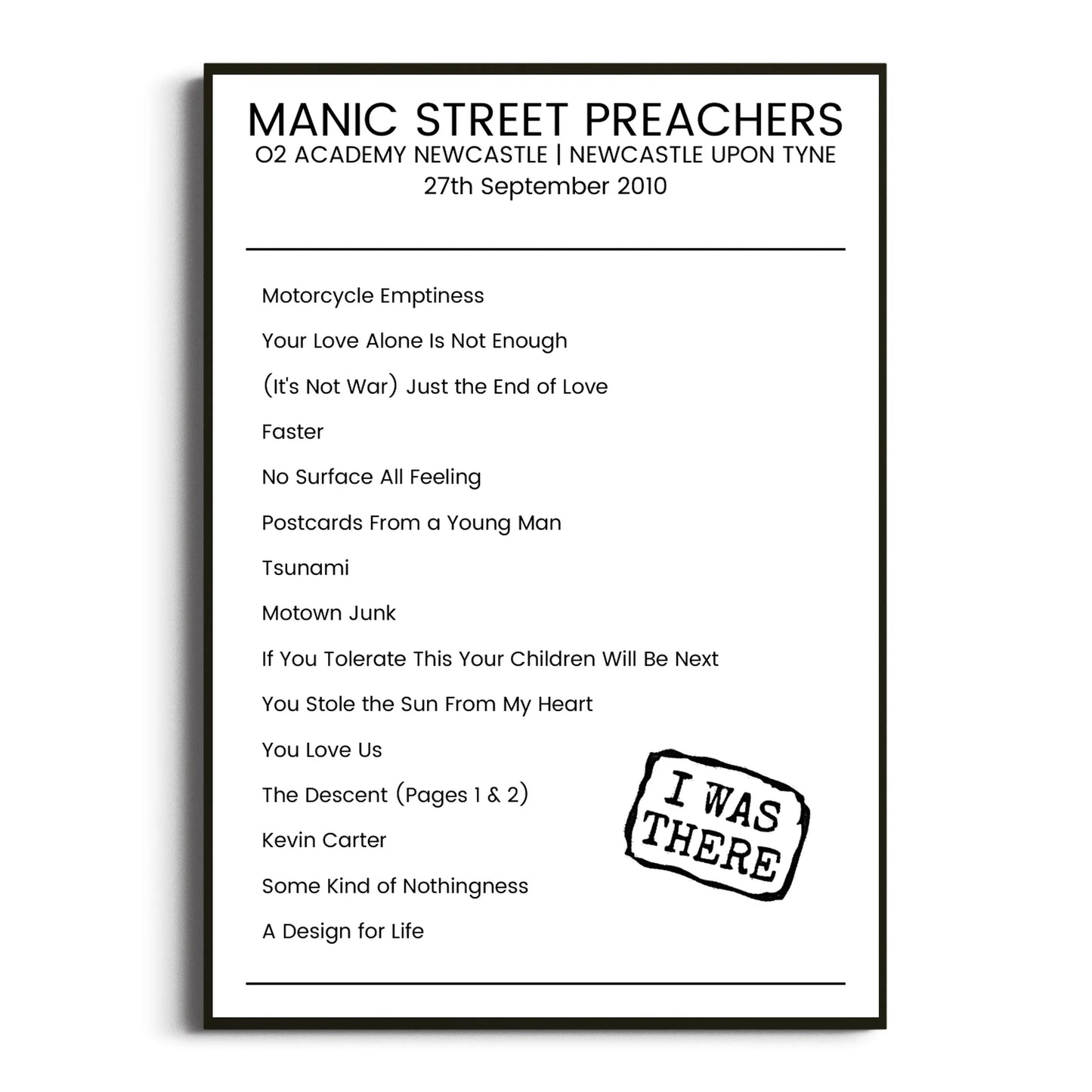 Manic Street Preachers Newcastle upon Tyne 27 September 2010 Setlist Poster