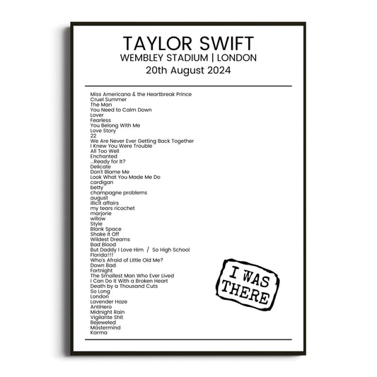 Taylor Swift London 20 August 2024 Setlist Poster