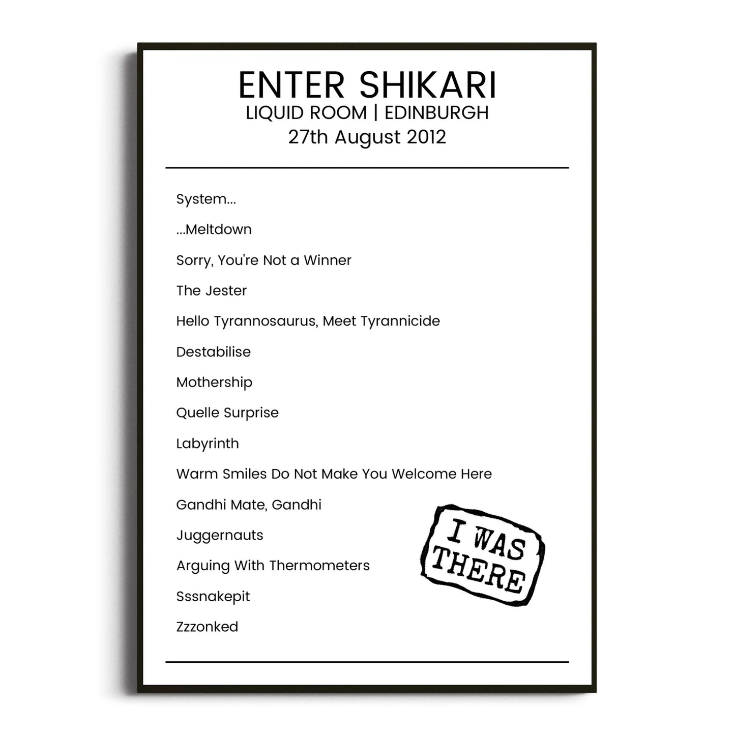 Enter Shikari Edinburgh 27 August 2012 Setlist Poster