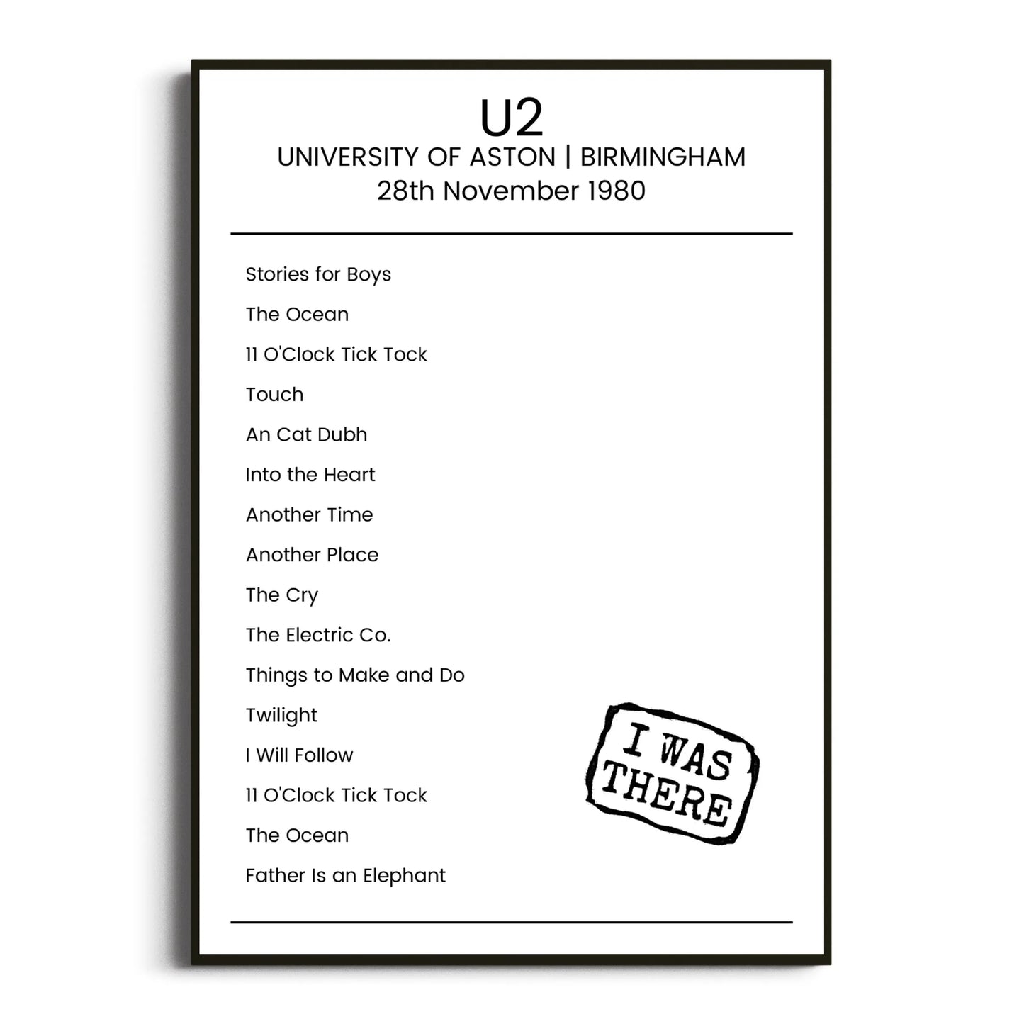 U2 Birmingham 28 November 1980 Setlist Poster