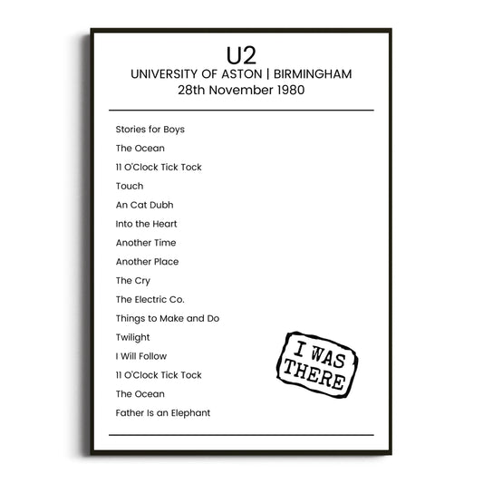 U2 Birmingham 28 November 1980 Setlist Poster