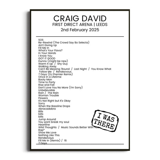 Craig David Leeds 02 February 2025 Setlist Poster