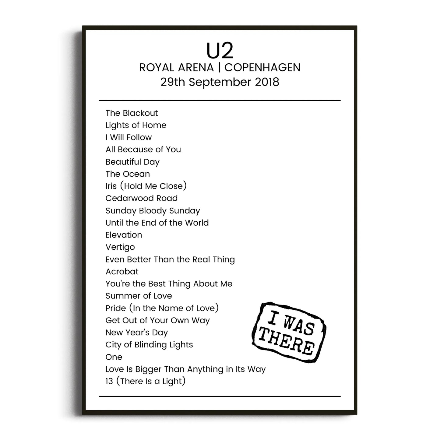 U2 Copenhagen 29 September 2018 Setlist Poster