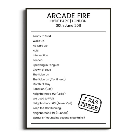 Arcade Fire London 30 June 2011 Setlist Poster