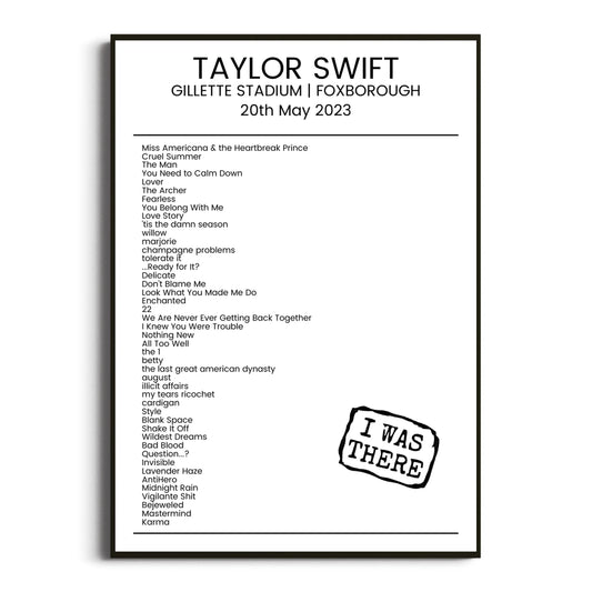 Taylor Swift Foxborough 20 May 2023 Setlist Poster