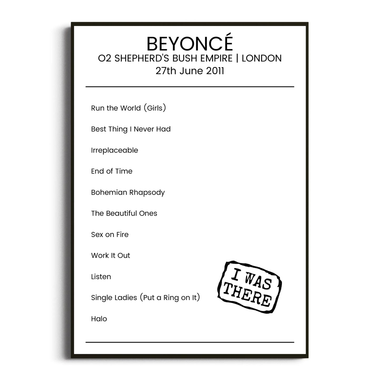 Beyoncé London 27 June 2011 Setlist Poster