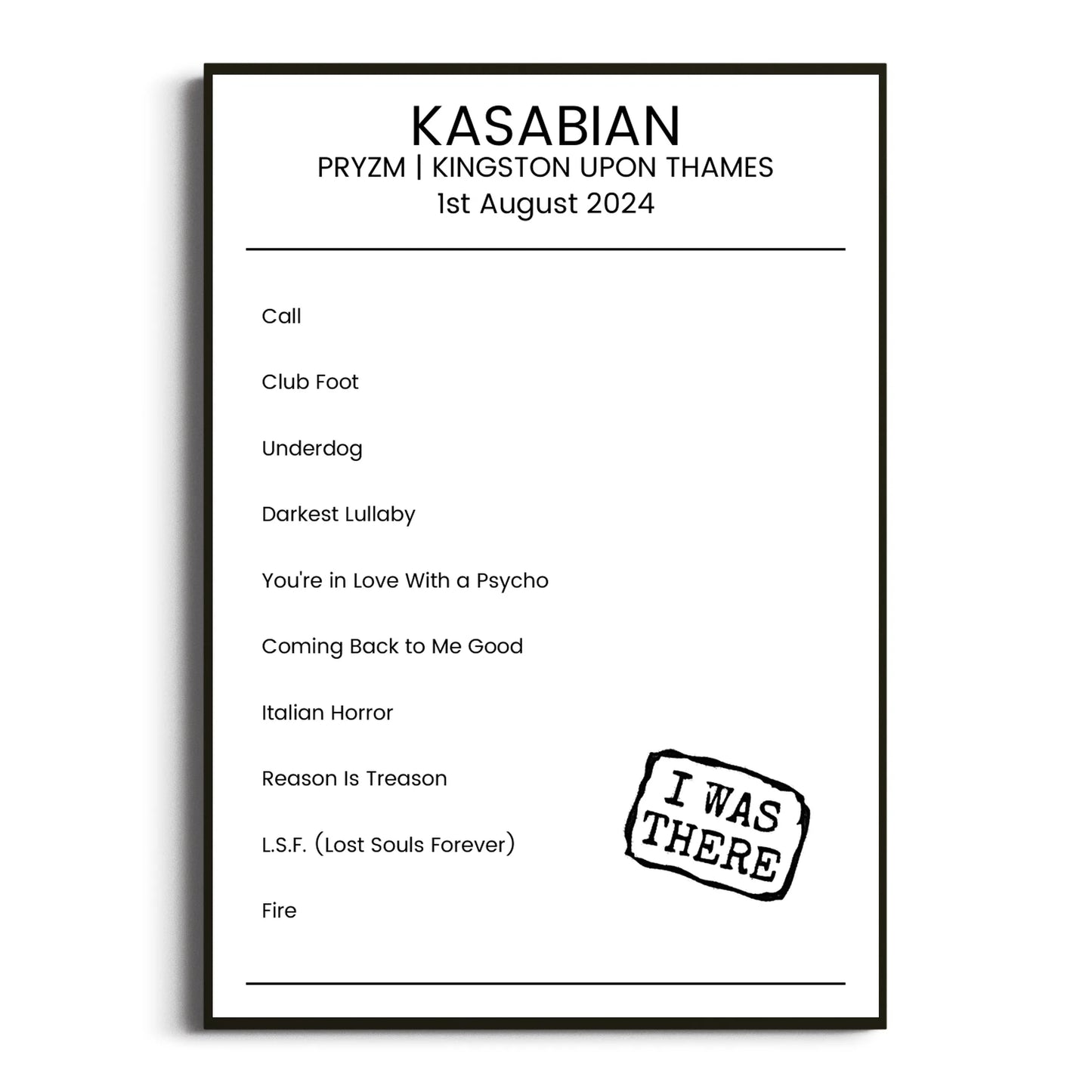 Kasabian Kingston upon Thames 01 August 2024 Setlist Poster