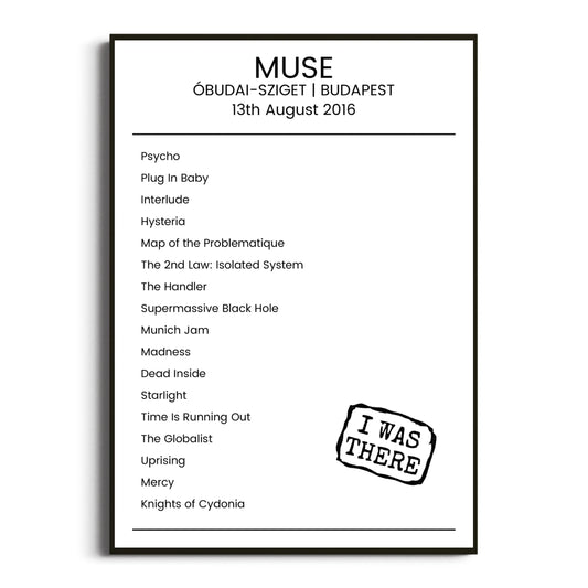 Muse Budapest 13 August 2016 Setlist Poster