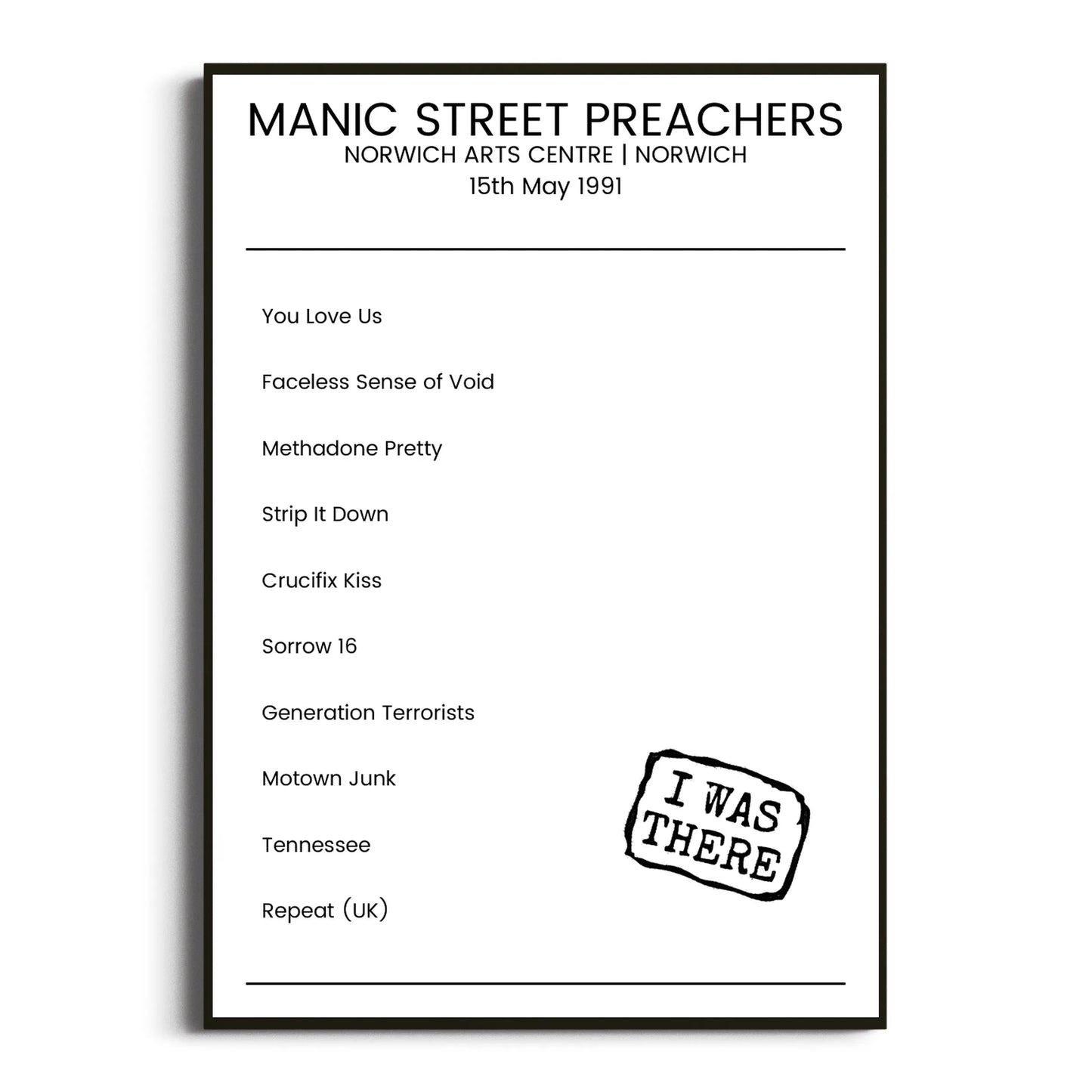 Manic Street Preachers Norwich 15 May 1991 Setlist Poster