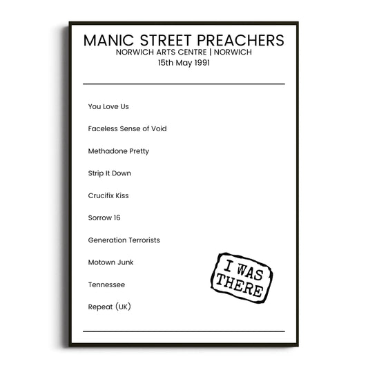 Manic Street Preachers Norwich 15 May 1991 Setlist Poster