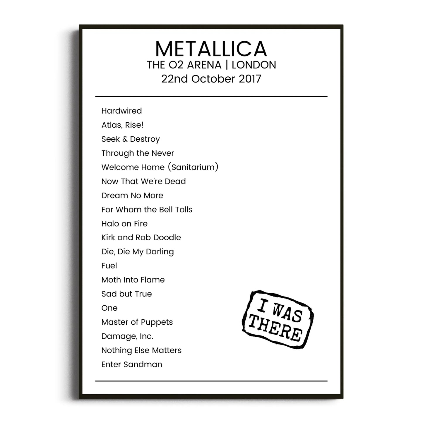 Metallica London 22 October 2017 Setlist Poster