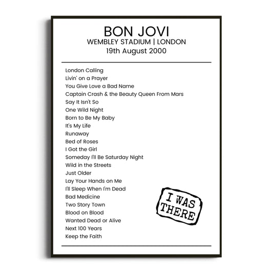 Bon Jovi London 19 August 2000 Setlist Poster