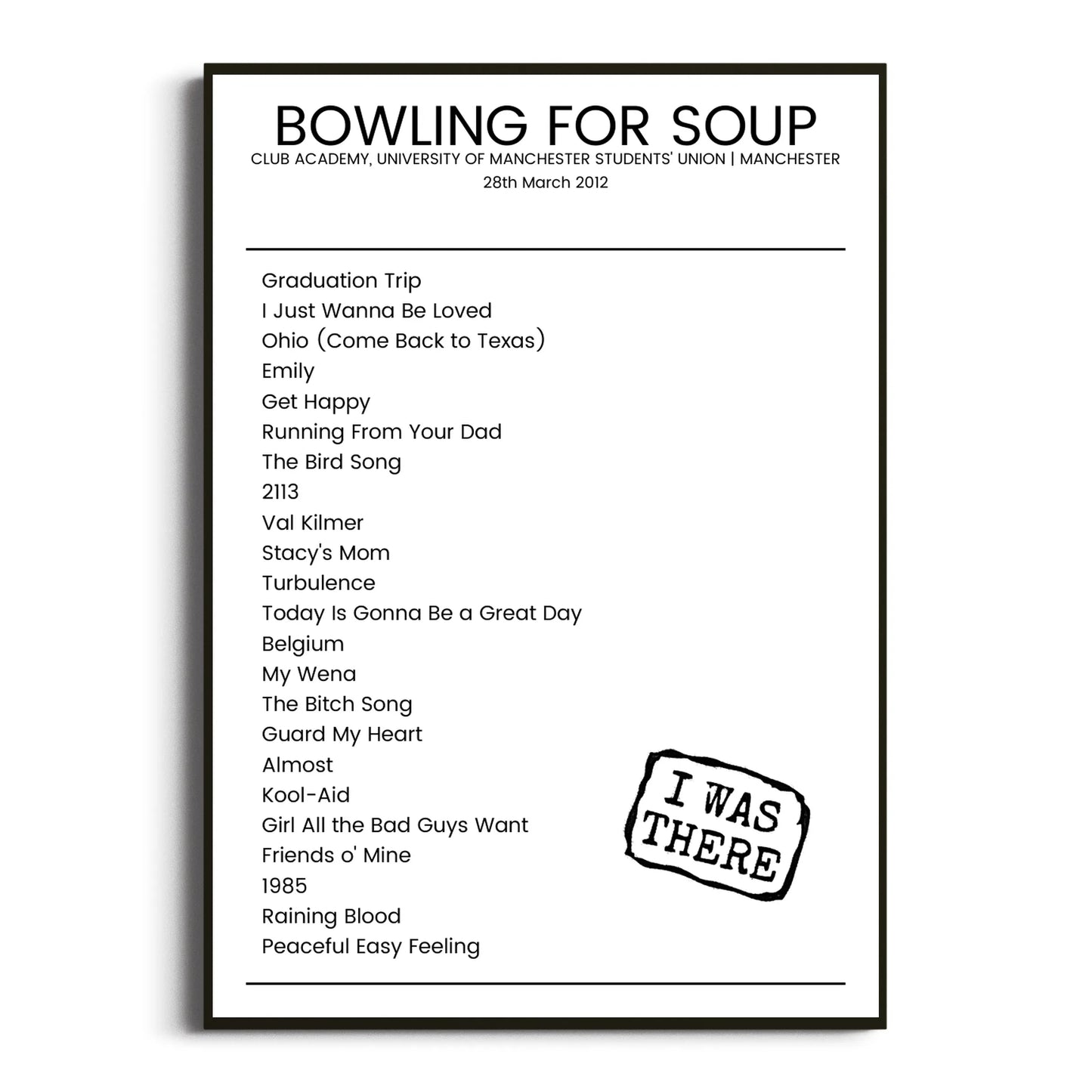 Bowling for Soup Manchester 28 March 2012 Setlist Poster