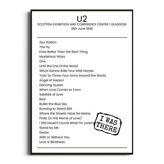 U2 Glasgow 18 June 1992 Setlist Poster