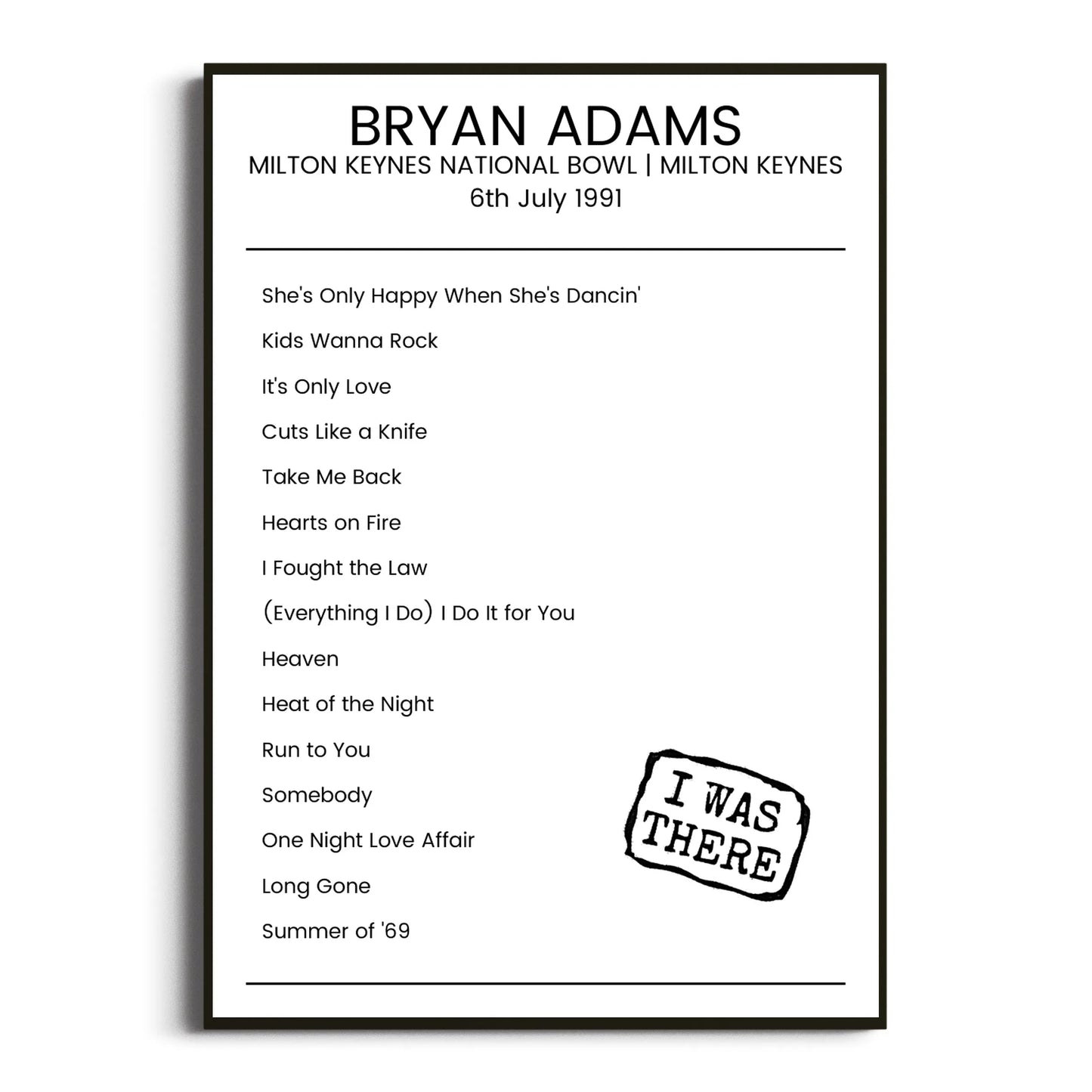 Bryan Adams Milton Keynes 06 July 1991 Setlist Poster