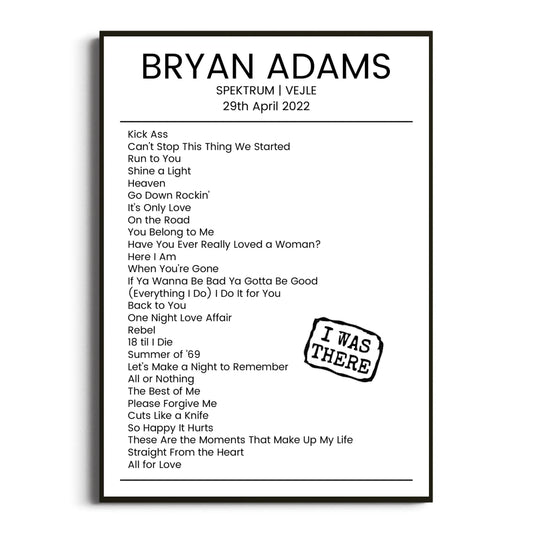 Bryan Adams Vejle 29 April 2022 Setlist Poster