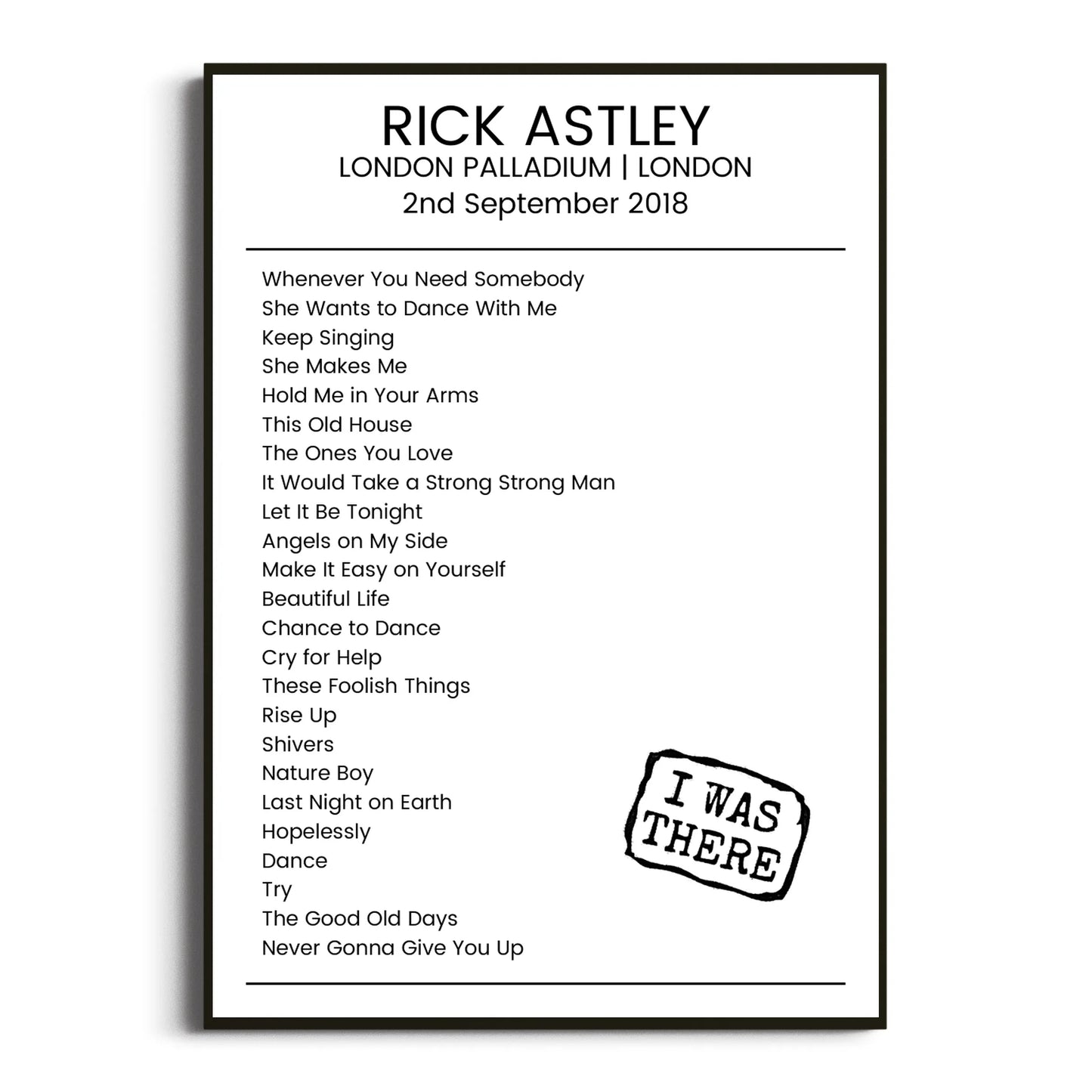 Rick Astley London 02 September 2018 Setlist Poster