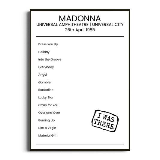 Madonna Universal City 26 April 1985 Setlist Poster