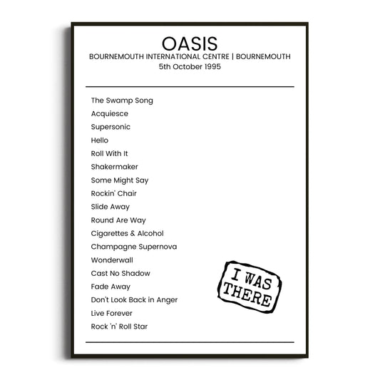 Oasis Bournemouth 05 October 1995 Setlist Poster