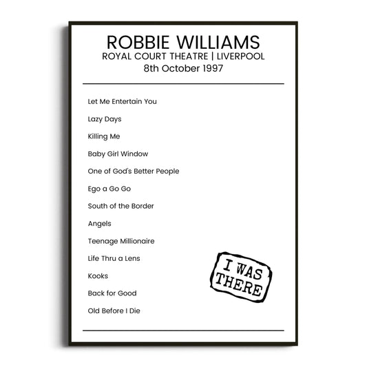 Robbie Williams Liverpool 08 October 1997 Setlist Poster