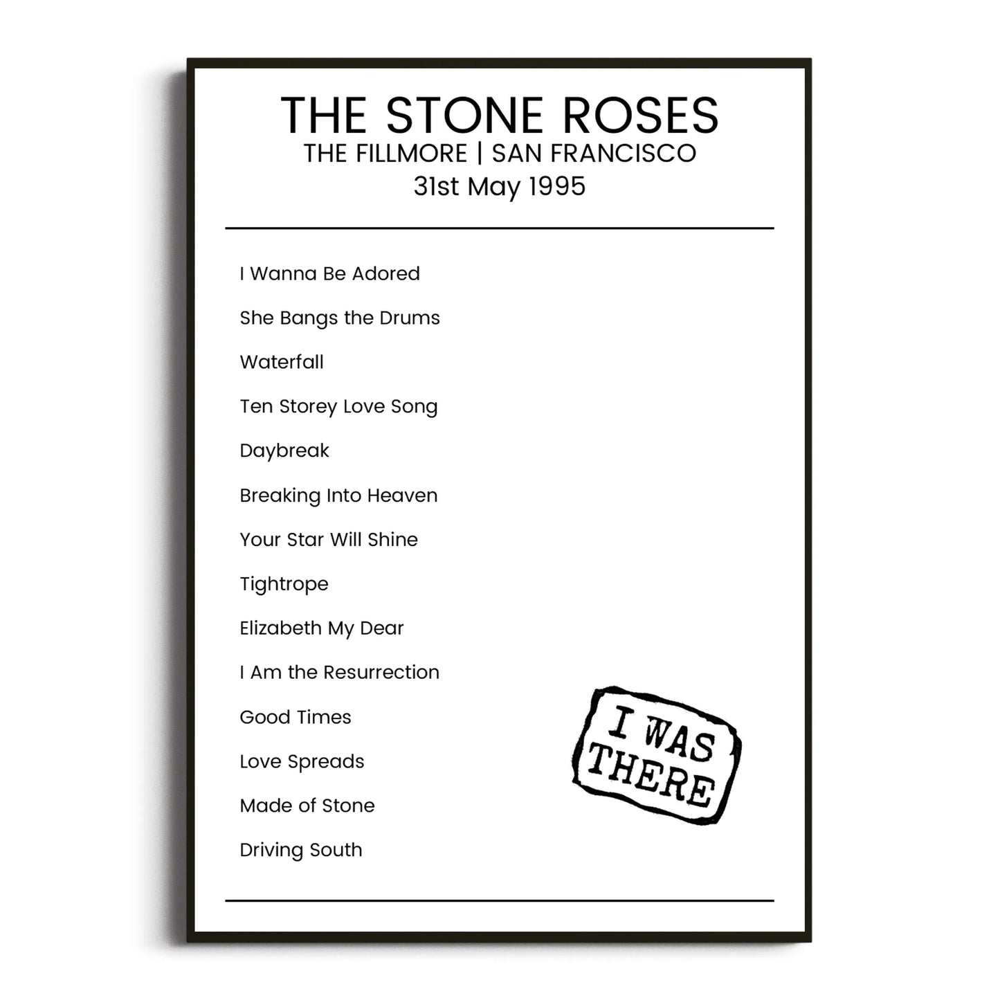 The Stone Roses San Francisco 31 May 1995 Setlist Poster