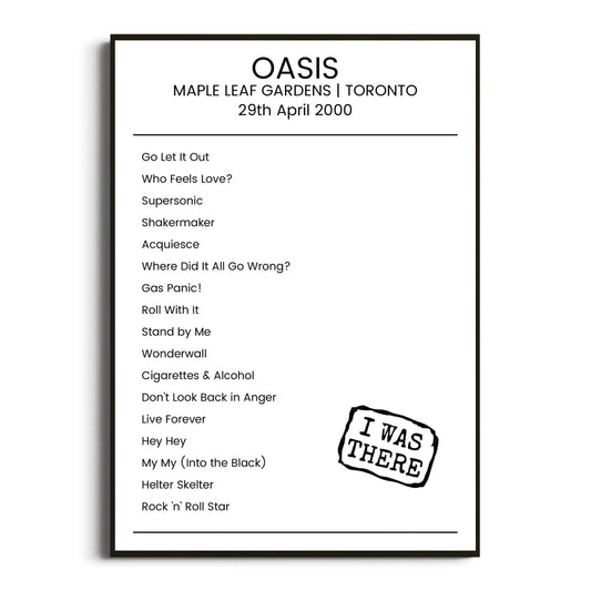 Oasis Toronto 29 April 2000 Setlist Poster