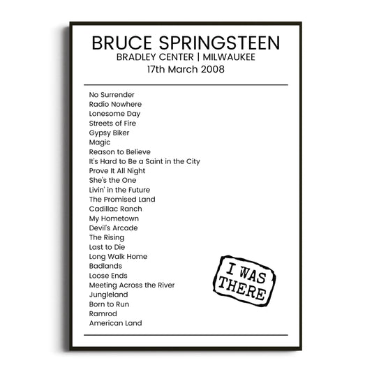 Bruce Springsteen Milwaukee 17 March 2008 Setlist Poster