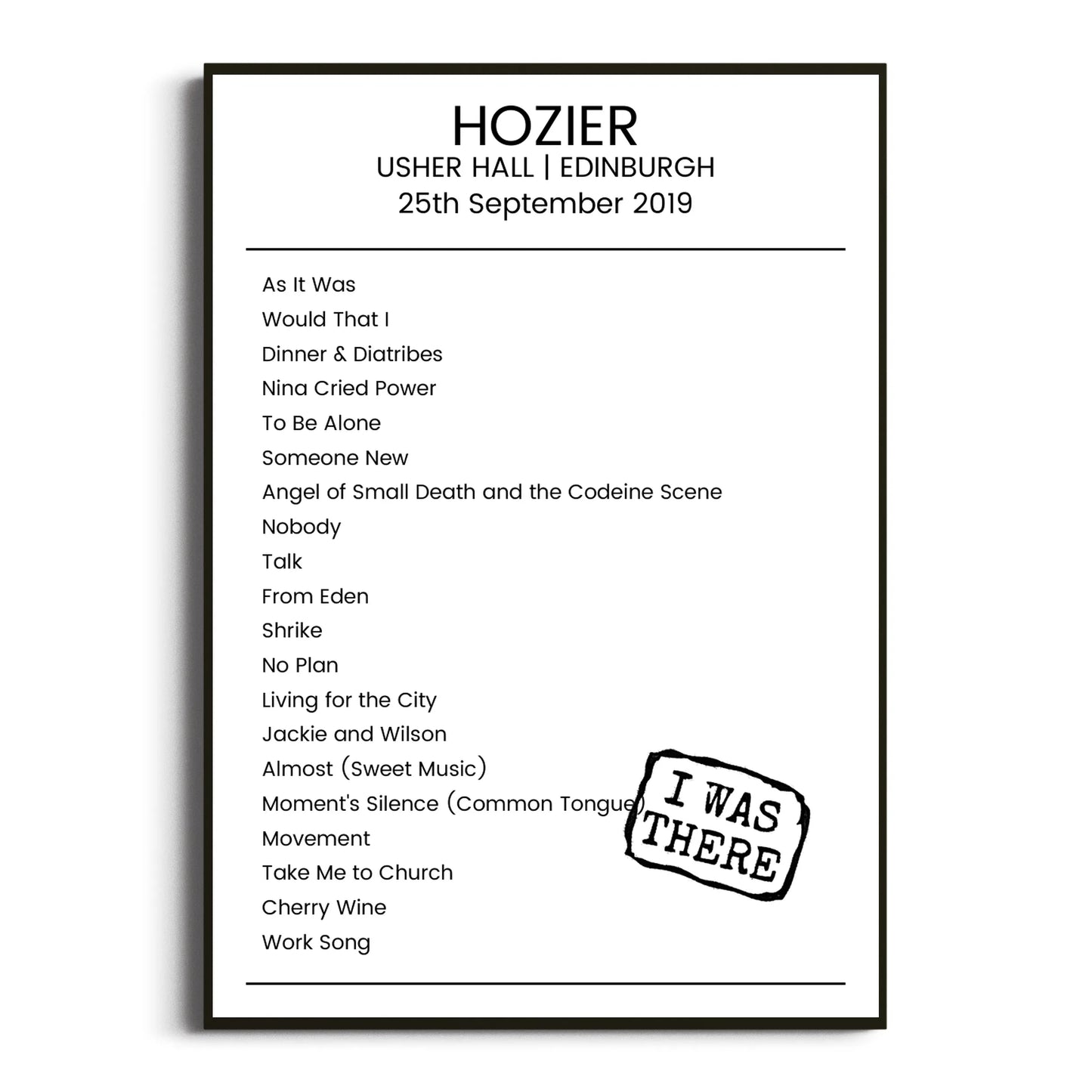 Hozier Edinburgh 25 September 2019 Setlist Poster