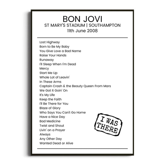 Bon Jovi Southampton 11 June 2008 Setlist Poster