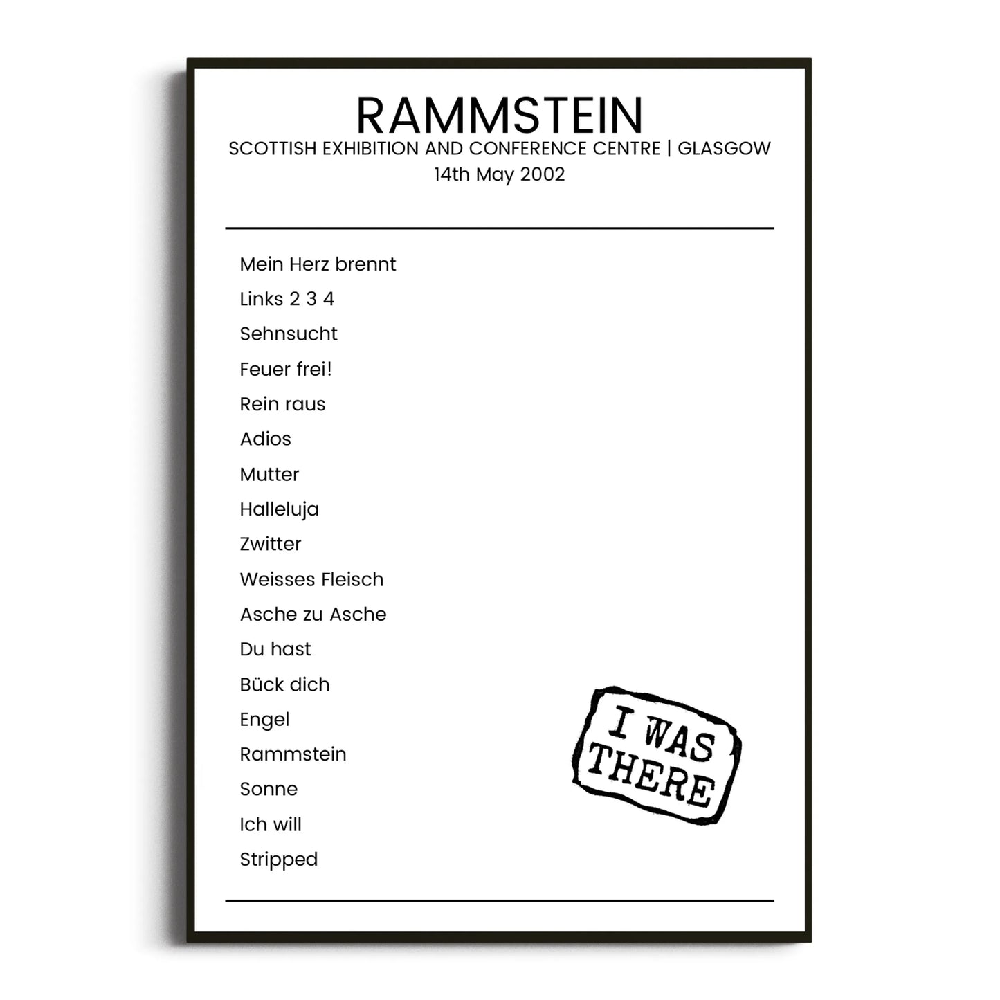 Rammstein Glasgow 14 May 2002 Setlist Poster