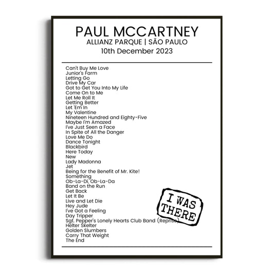 Paul McCartney São Paulo 10 December 2023 Setlist Poster