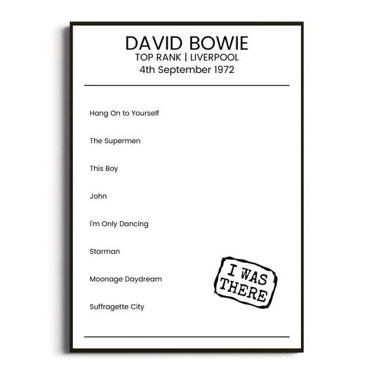 David Bowie Liverpool 04 September 1972 Setlist Poster