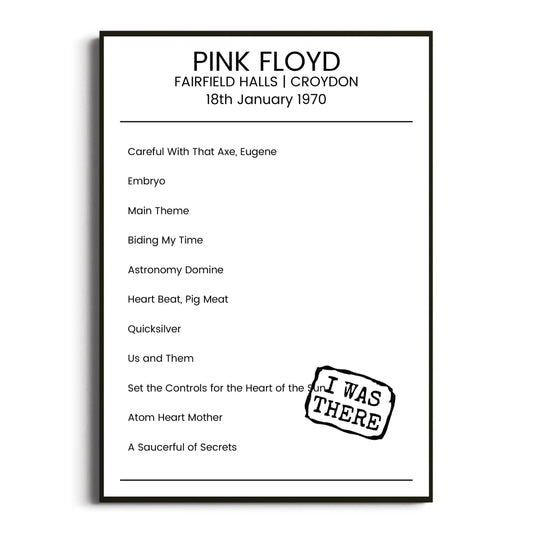 Pink Floyd Croydon 18 January 1970 Setlist Poster