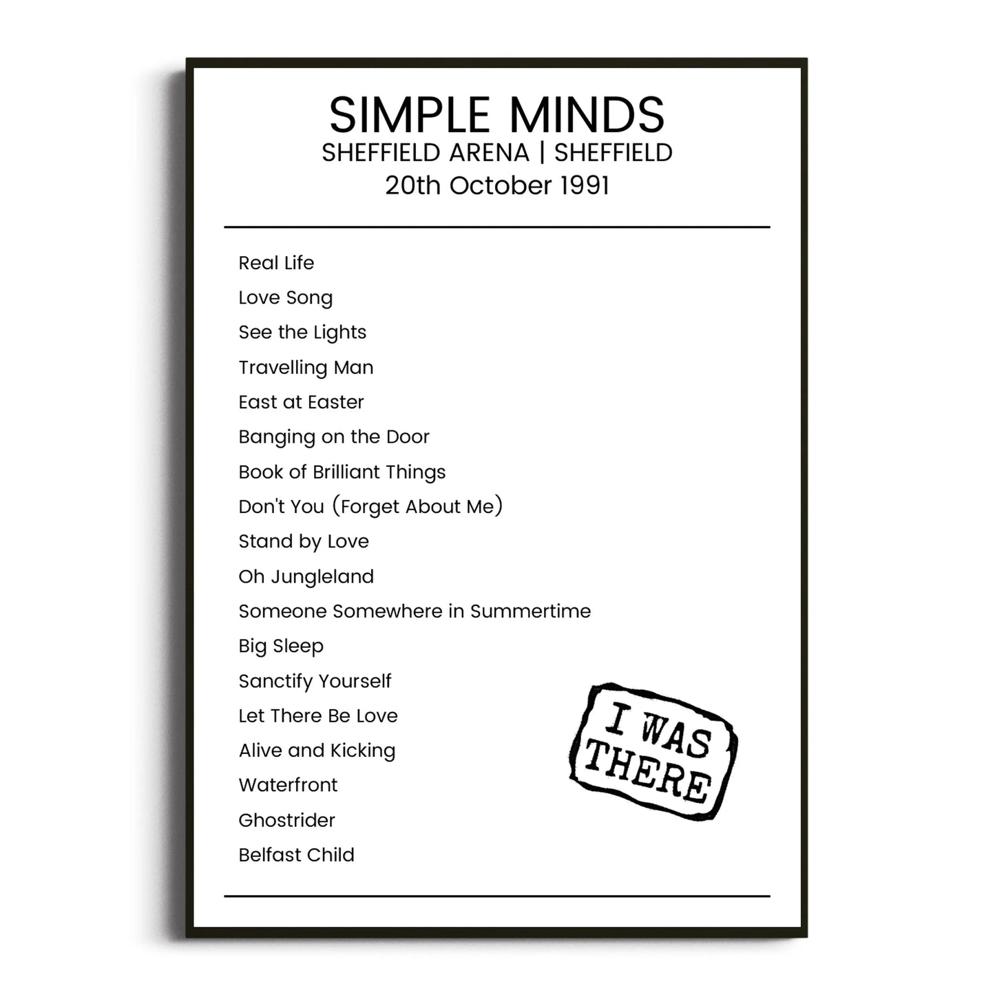 Simple Minds Sheffield 20 October 1991 Setlist Poster