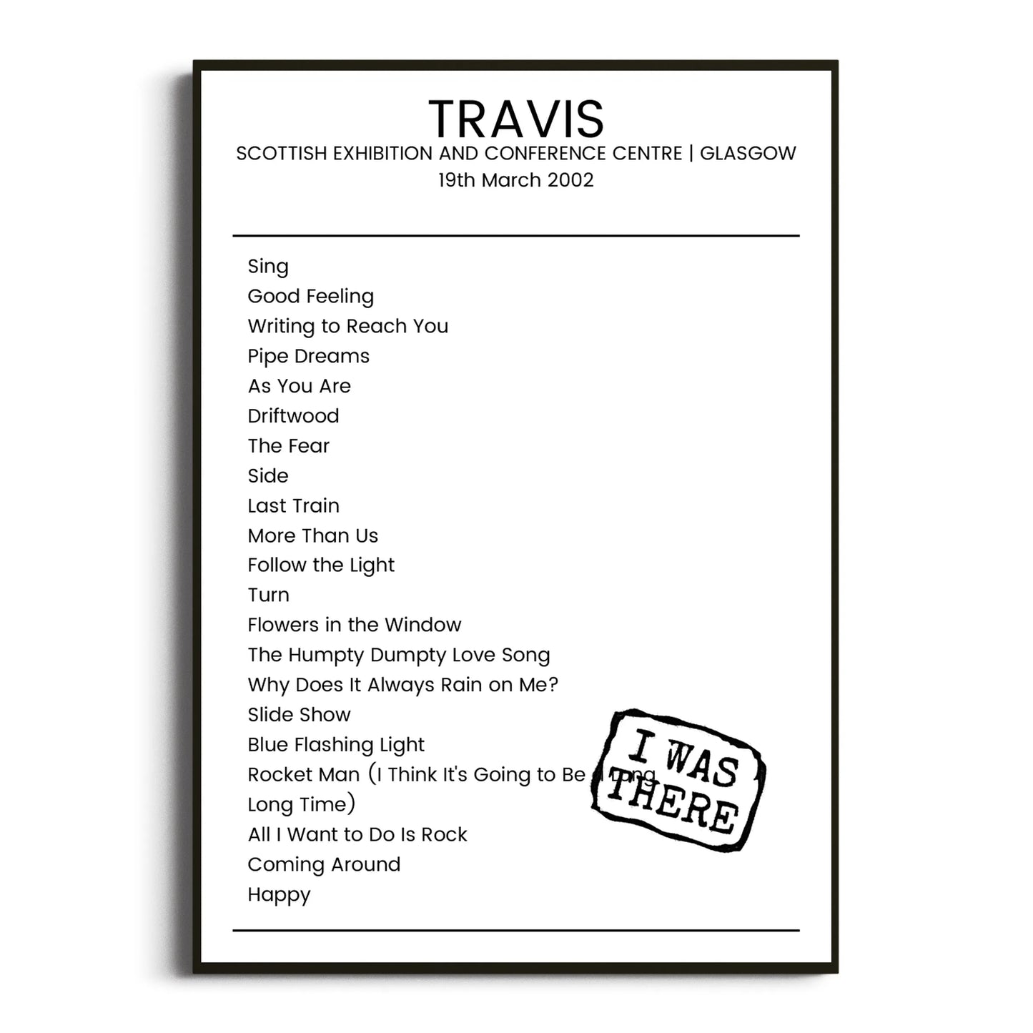 Travis Glasgow 19 March 2002 Setlist Poster