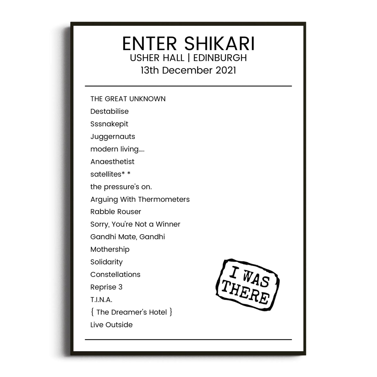 Enter Shikari Edinburgh 13 December 2021 Setlist Poster