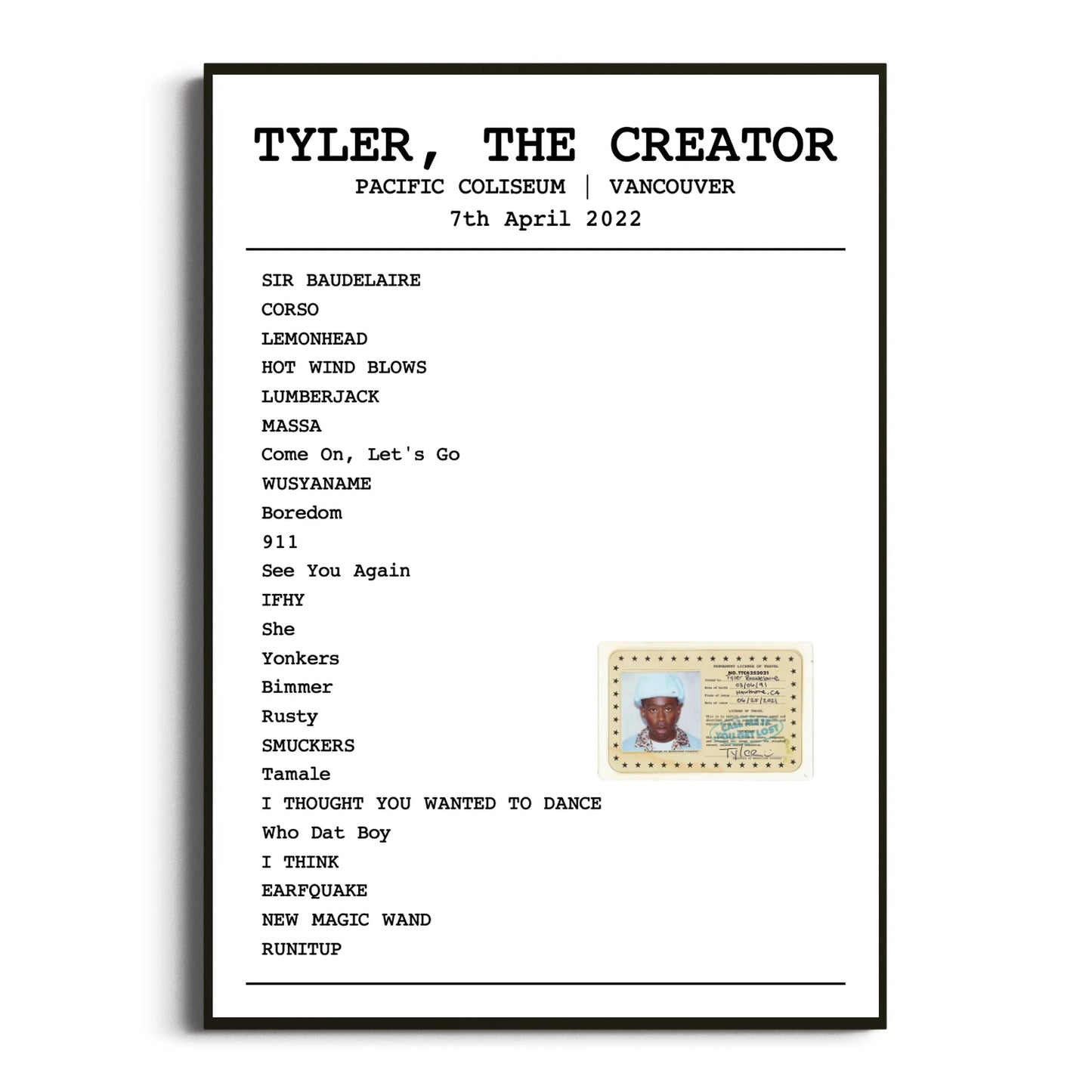 Tyler, The Creator Vancouver 07 April 2022 Setlist Poster