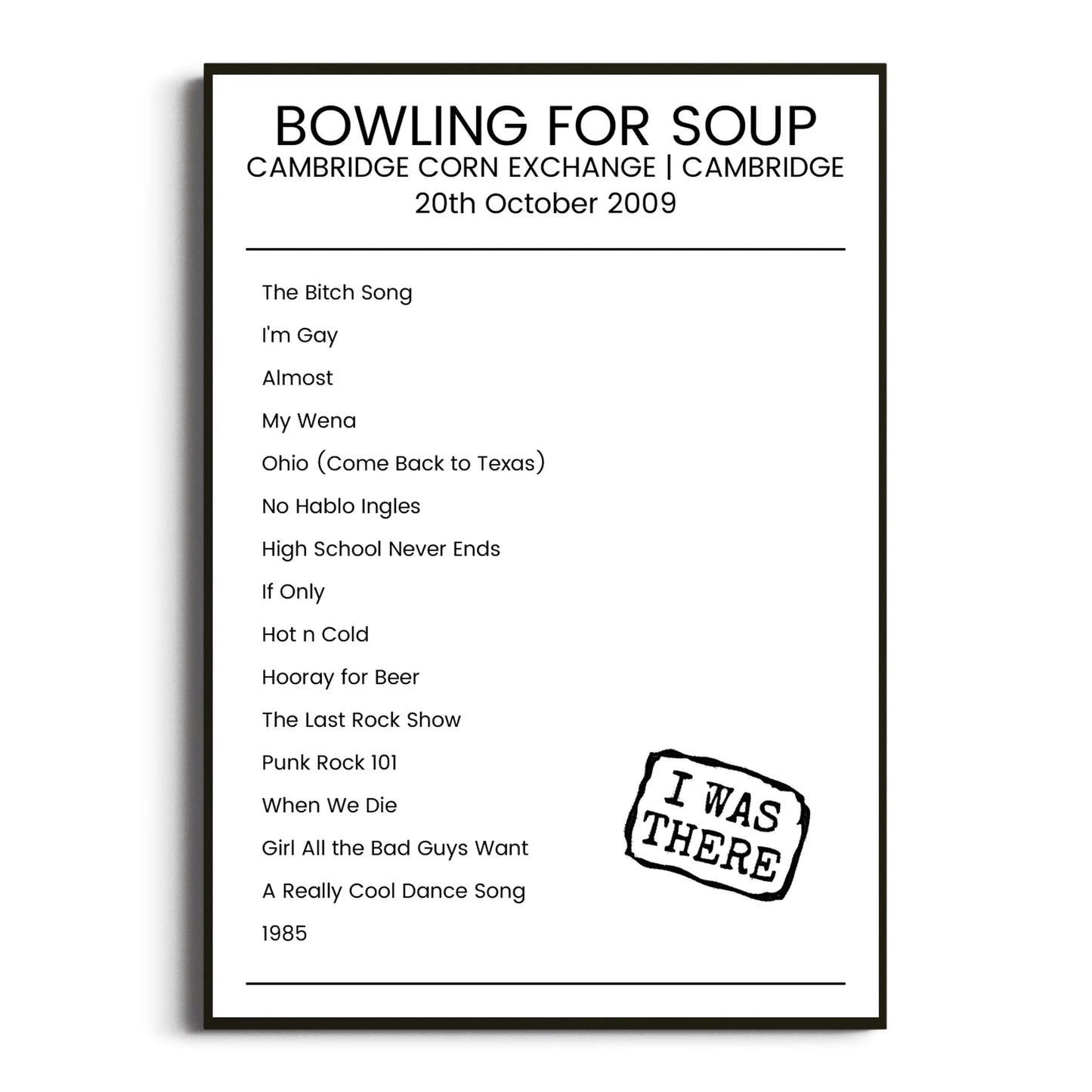 Bowling for Soup Cambridge 20 October 2009 Setlist Poster