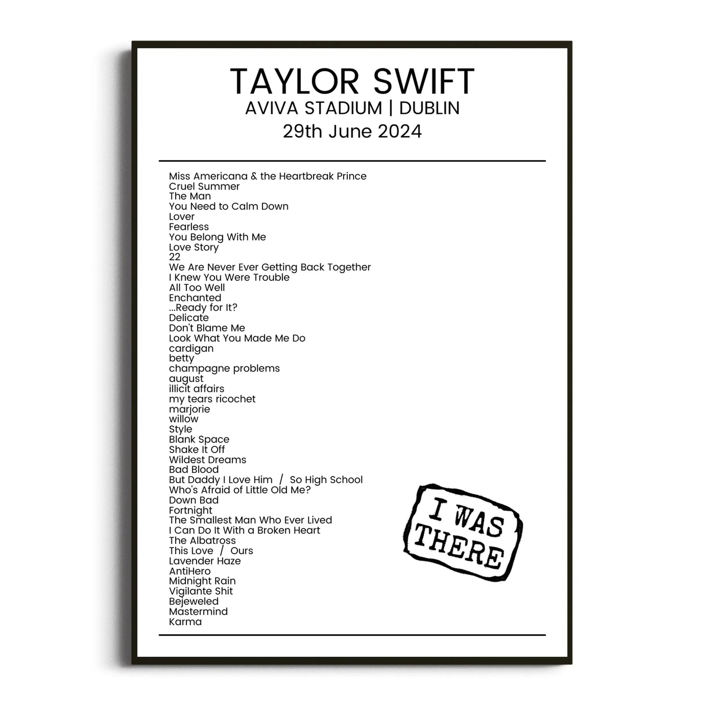 Taylor Swift Dublin 29 June 2024 Setlist Poster