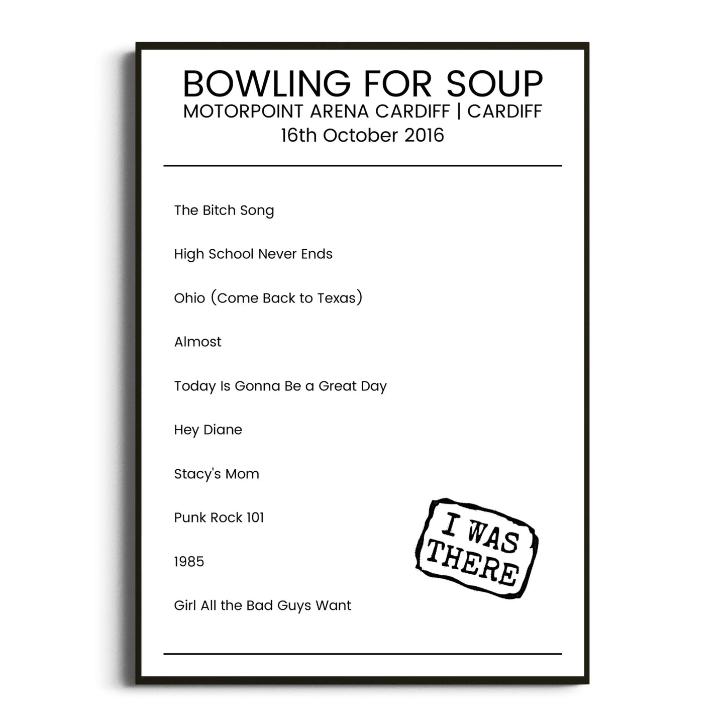 Bowling for Soup Cardiff 16 October 2016 Setlist Poster