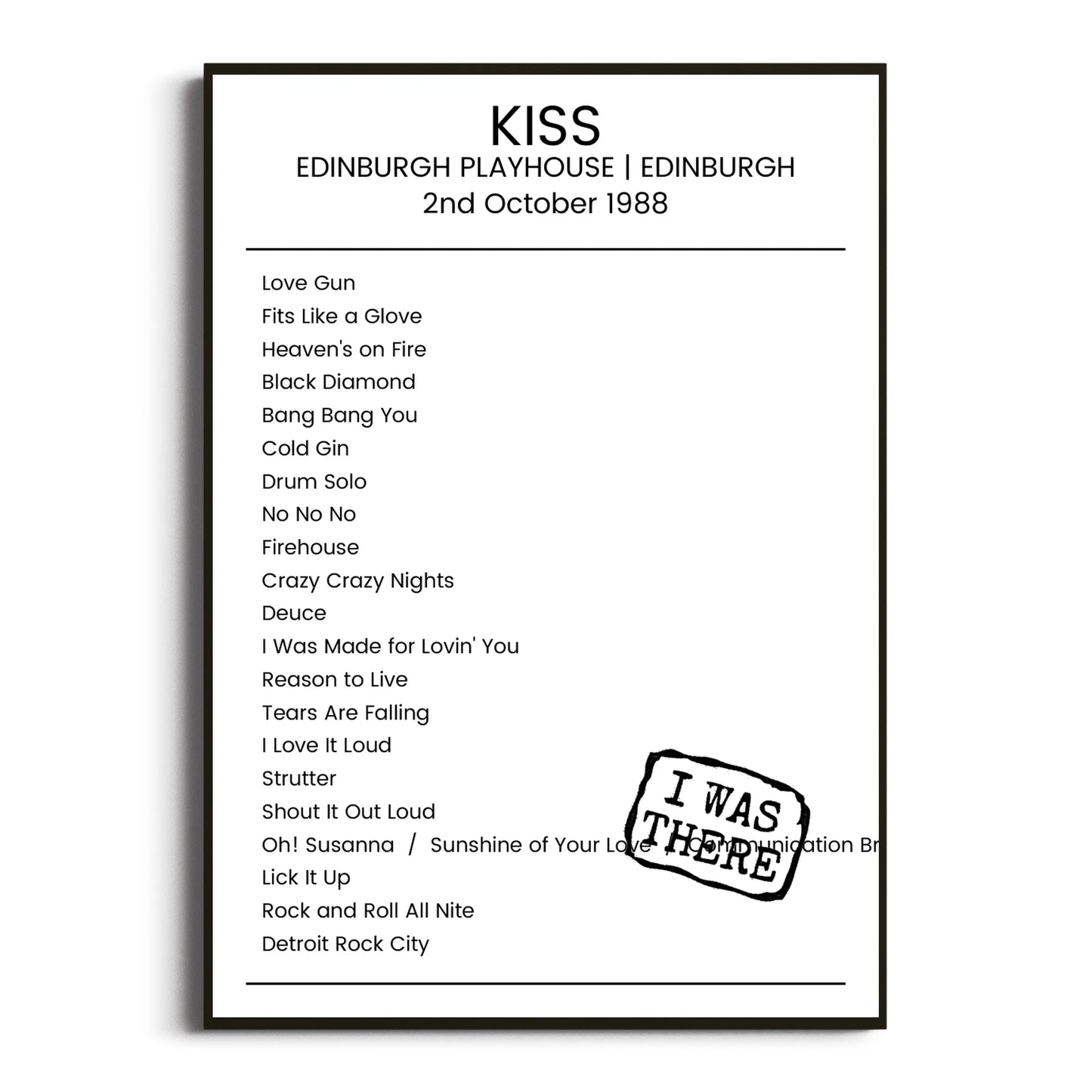 KISS Edinburgh 02 October 1988 Setlist Poster