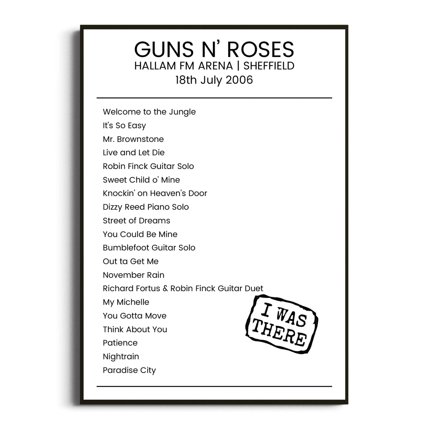 Guns N’ Roses Sheffield 18 July 2006 Setlist Poster