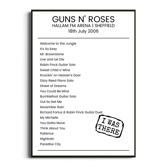 Guns N’ Roses Sheffield 18 July 2006 Setlist Poster