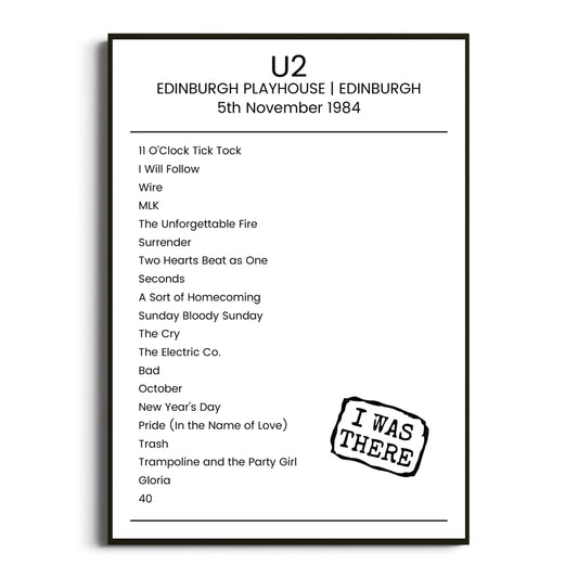 U2 Edinburgh 05 November 1984 Setlist Poster