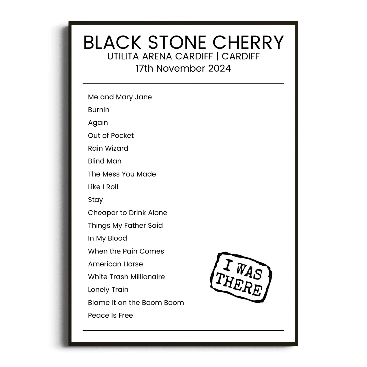 Black Stone Cherry Cardiff 17 November 2024 Setlist Poster