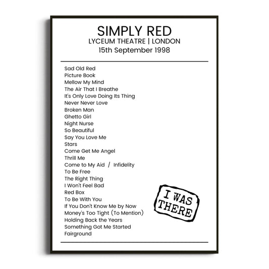 Simply Red London 15 September 1998 Setlist Poster