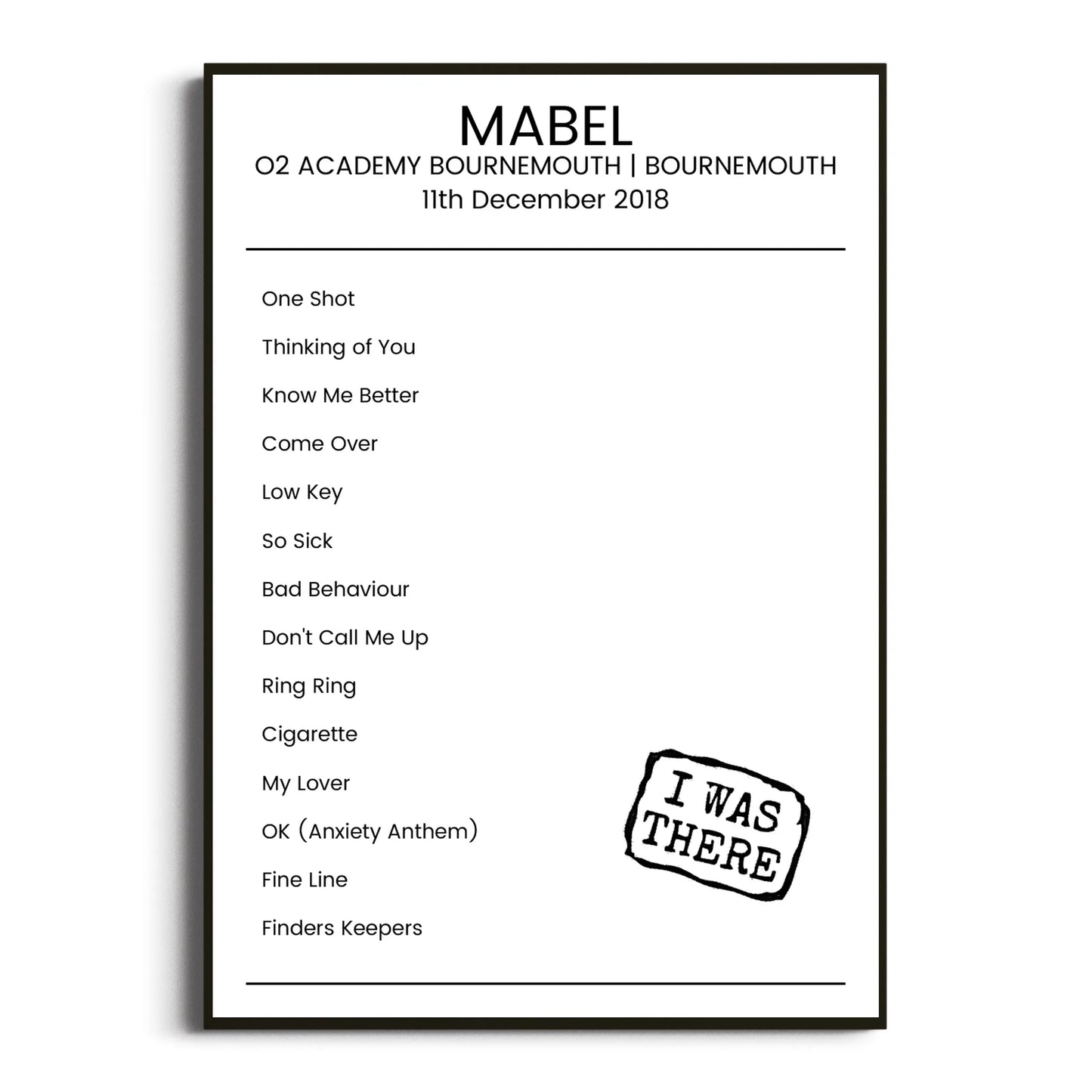 Mabel Bournemouth 11 December 2018 Setlist Poster