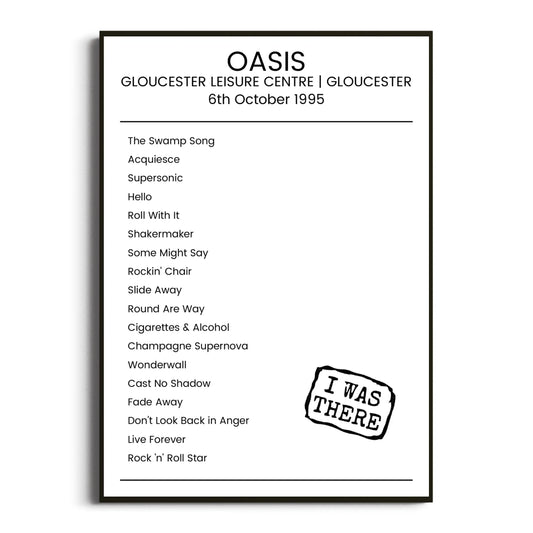 Oasis Gloucester 06 October 1995 Setlist Poster