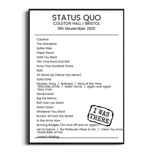 Status Quo Bristol 09 November 2001 Setlist Poster