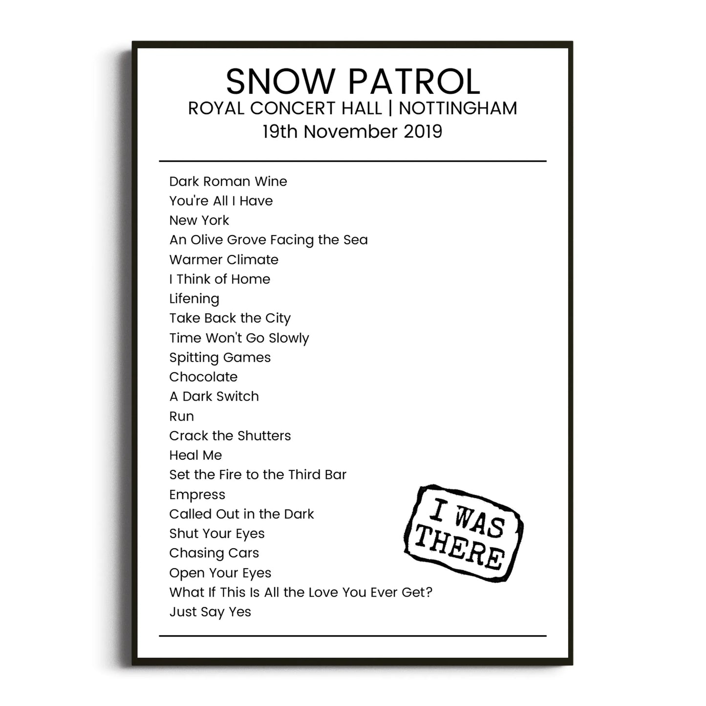 Snow Patrol Nottingham 19 November 2019 Setlist Poster